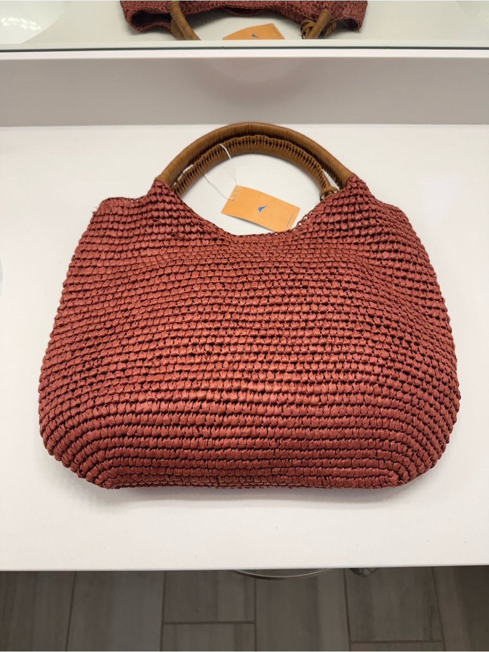 Tommy Bahama Woven BURGUNDY Tote with Tan Leather Handles NWT